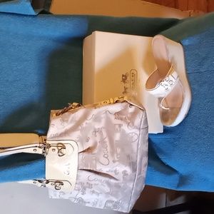 Matching coach purse and size 10 shoes, beige and white set